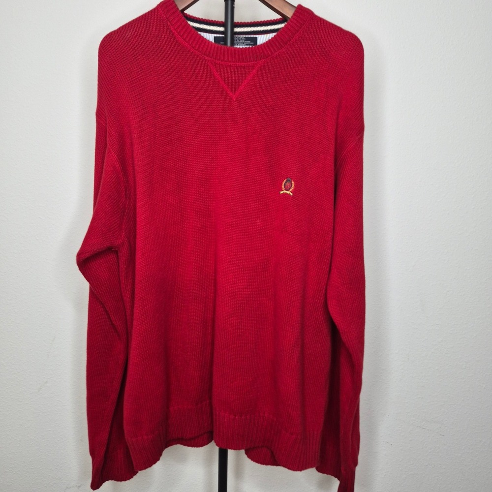 Tommy Hilfiger Mens Red Cotton Crewneck Crest Logo Sweater XL Classic Heritage